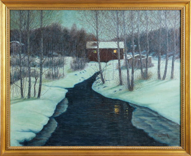 Albert Liedbeck - A Winter Landscape With a Red House and a Quiet Stream - CLASSICARTWORKS