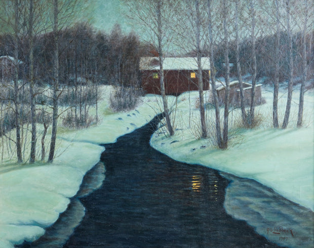 Albert Liedbeck - A Winter Landscape With a Red House and a Quiet Stream - CLASSICARTWORKS