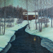 Albert Liedbeck - A Winter Landscape With a Red House and a Quiet Stream - CLASSICARTWORKS