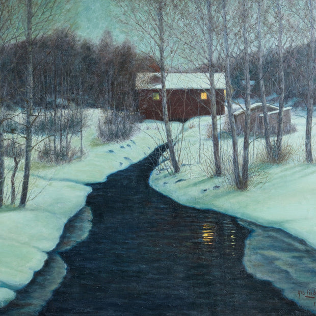 Albert Liedbeck - A Winter Landscape With a Red House and a Quiet Stream - CLASSICARTWORKS