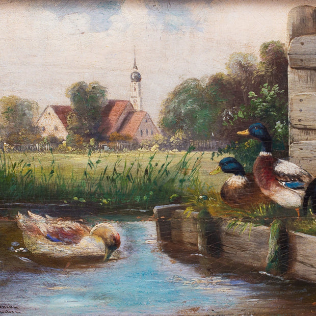 Alfred Schönian - Rooster With Hens and Ducks by a Pond - CLASSICARTWORKS