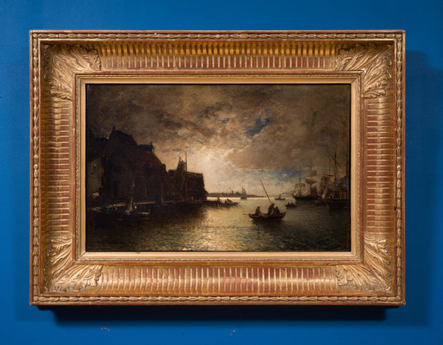 Alfred Wahlberg - Moonlight Over a French Harbor (1875) - CLASSICARTWORKS