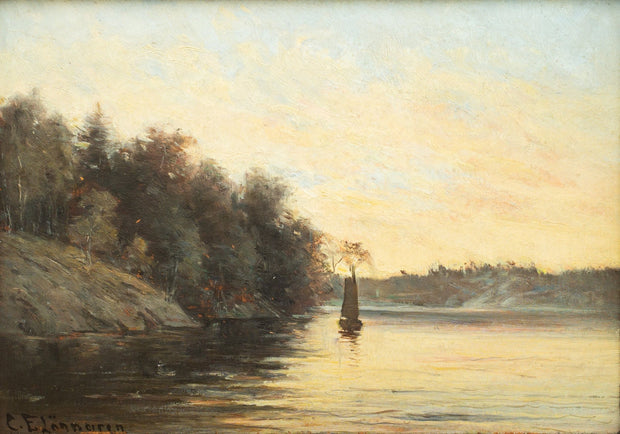 Carl Ewald Lönngren - Calm Lake With Boat in the Evening Light - CLASSICARTWORKS