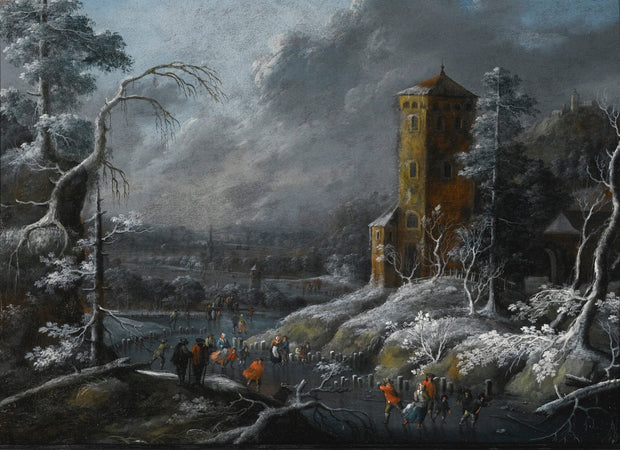 Circle of Dirck Dalens III - A Winter Landscape With Skaters on a Frozen River - CLASSICARTWORKS