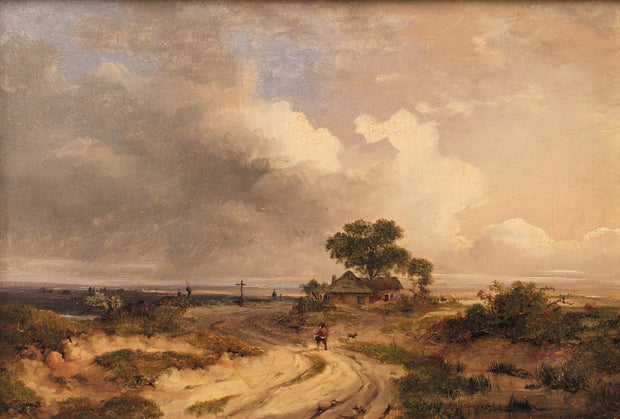 HENRI SCHOOFS - A LANDSCAPE WITH A MAN AND HIS DOG BY A COAST - CLASSICARTWORKS