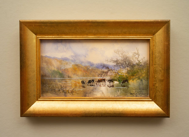 Hugo Anton Fisher - Landscape View With Cows Drinking Water - CLASSICARTWORKS