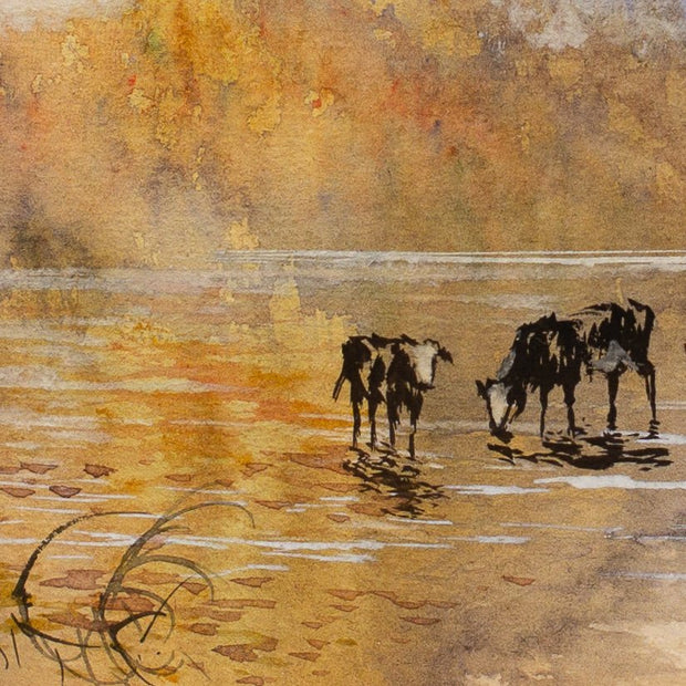 Hugo Anton Fisher - Landscape View With Cows Drinking Water - CLASSICARTWORKS