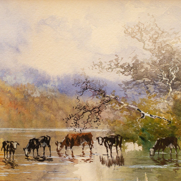 Hugo Anton Fisher - Landscape View With Cows Drinking Water - CLASSICARTWORKS